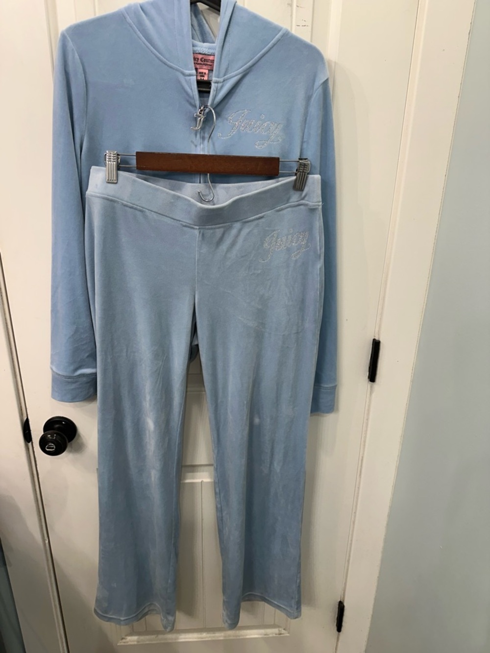 Juicy Couture Baby Blue Velour Rhinestone Tracksuit Set Zip Hoodie Pants Size M